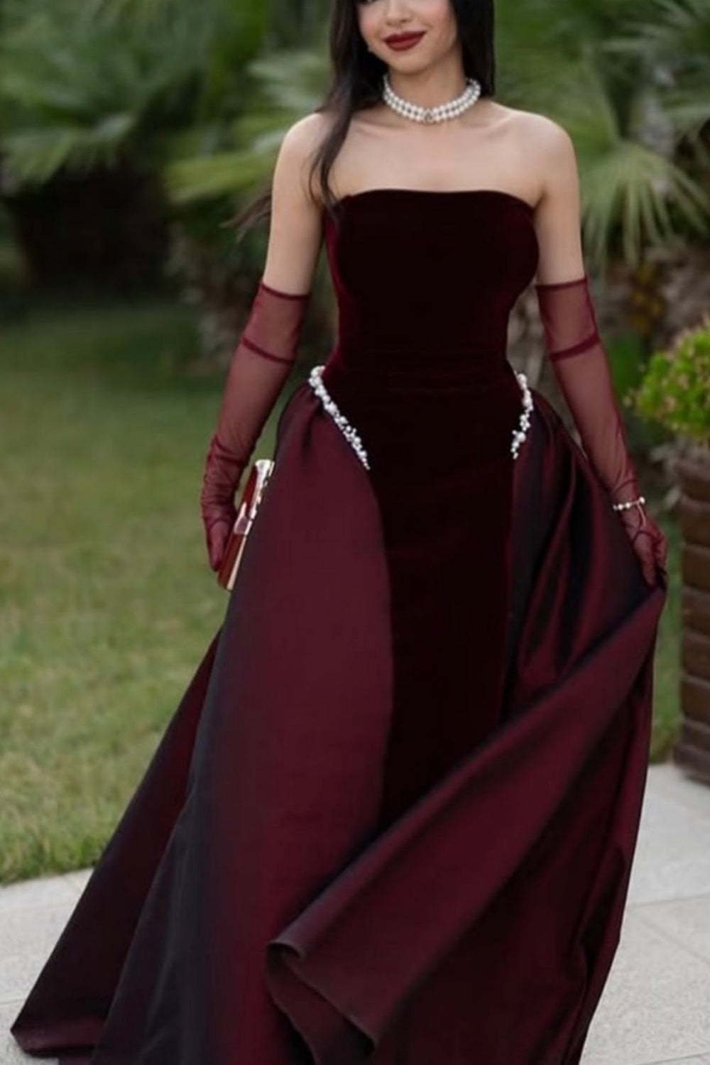 girlhomeshops- Burgundy velvet satin vintage elegant long gown gh6196