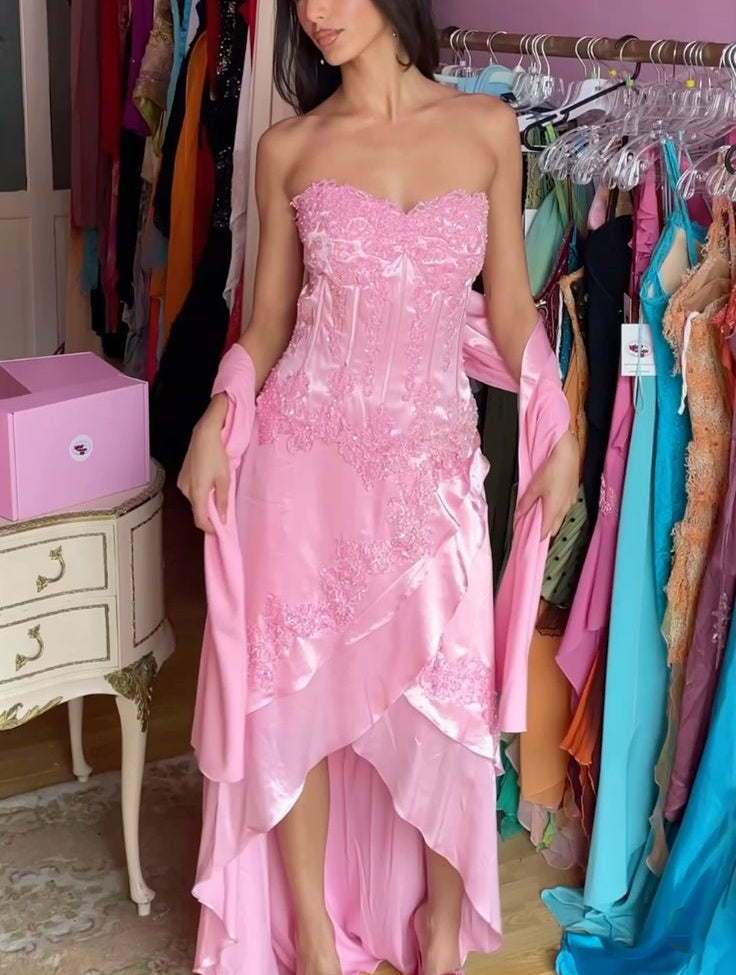 Robe de soirée longue en satin rose, élégante, décolleté en cœur, perles exquises, à volants, en dentelle, gh3826