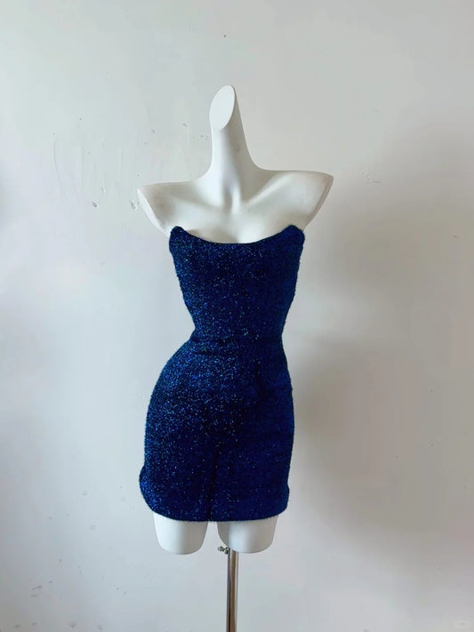 Robe de soirée courte à paillettes bleues, robe de bal, robe de soirée, gh4478