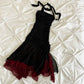 Black fashion elegant suspender long red chiffon ruffle ball gown evening dress party dress gh3393
