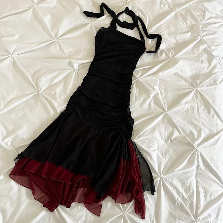 Black fashion elegant suspender long red chiffon ruffle ball gown evening dress party dress gh3393