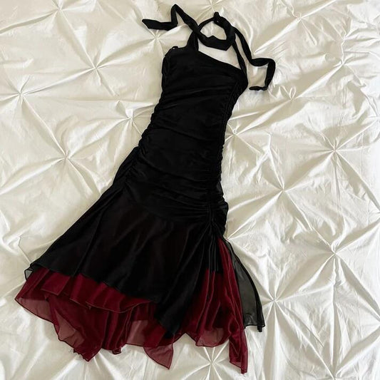 Black fashion elegant suspender long red chiffon ruffle ball gown evening dress party dress gh3393