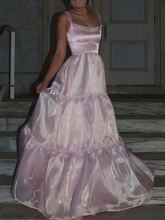 Robe de soirée longue en satin et dentelle rose élégante et brillante, ligne A, bretelles spaghetti, robe de bal, robe de soirée gh3517