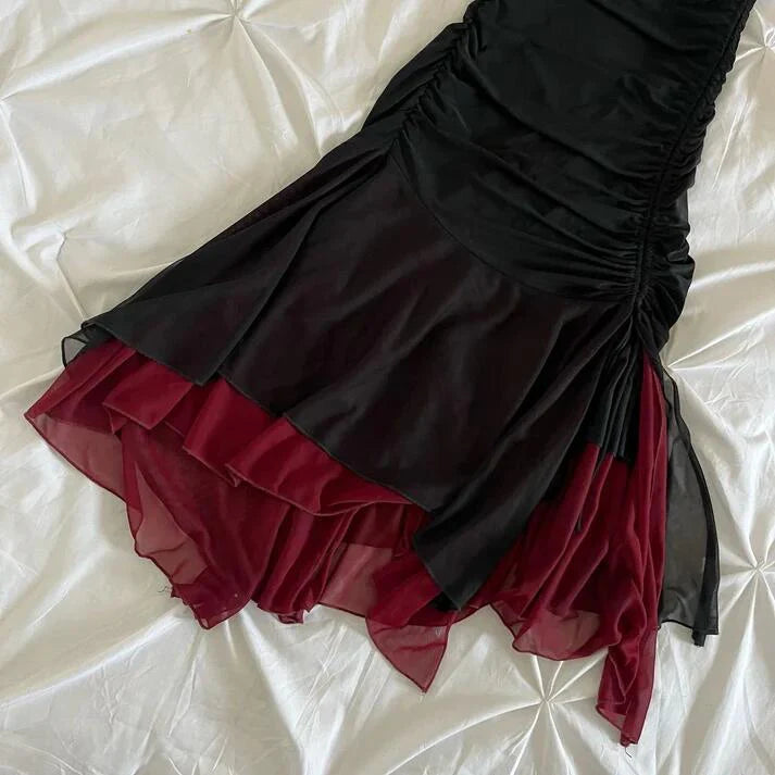 Black fashion elegant suspender long red chiffon ruffle ball gown evening dress party dress gh3393