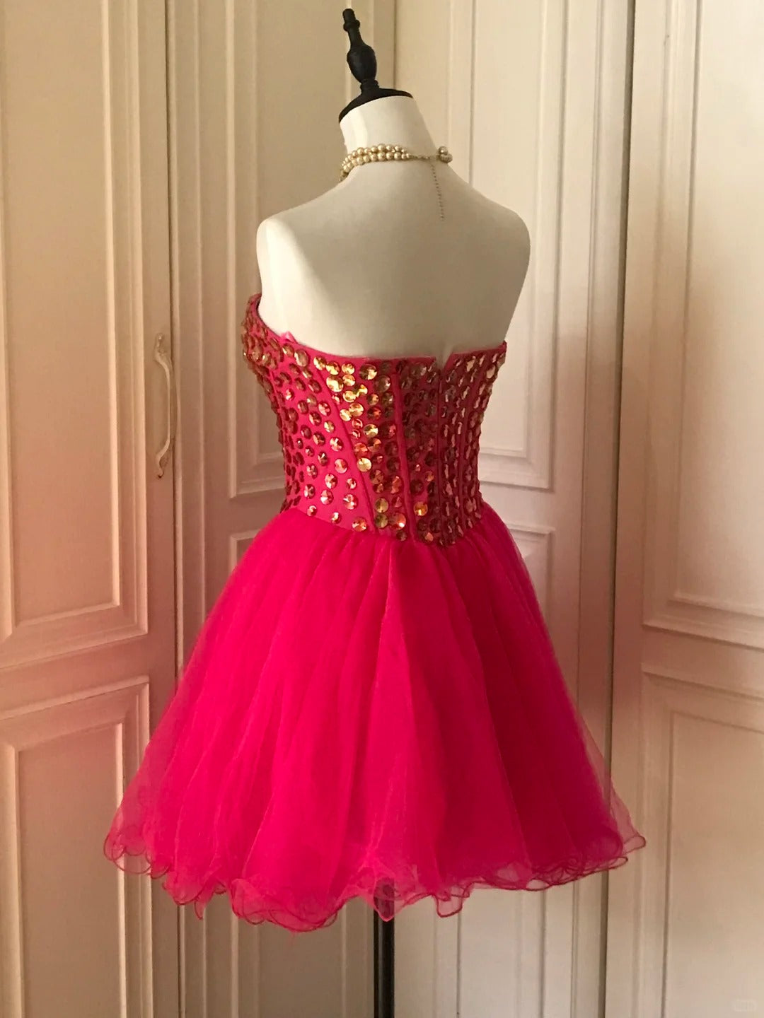 ❤️Pink retro noble princess short homecoming dress sequined tulle ball dress evening dress gh4392