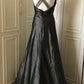 ✨🖤Black beaded mysterious and noble black swan vintag Downton Abbey deep V long satin ball gown evening dress gh4390