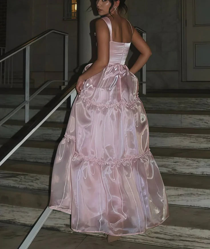 Rosa Mode Elegante Glänzende A-linie Spaghetti Strap Lange satin Spitze Ballkleid, Abendkleid, Party Kleid gh3517