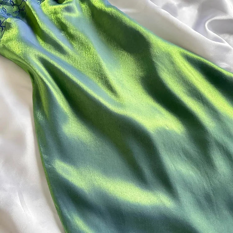 Robe de soirée longue en satin vert brillant, magnifique et élégante, motif floral, robe de bal, robe de fête d'anniversaire, robe de bal, gh4231