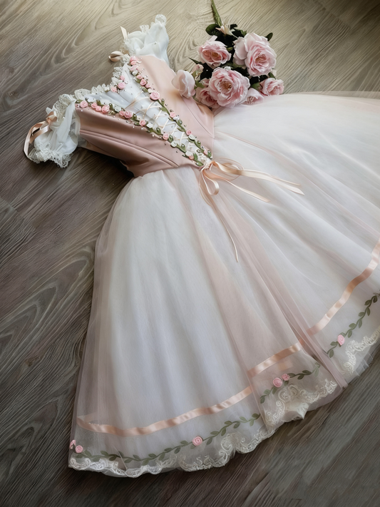 girlhomeshops-Vintage Pink 3D Floral Lace-Up Lace Tiered Tulle Court Style Dress gh6012