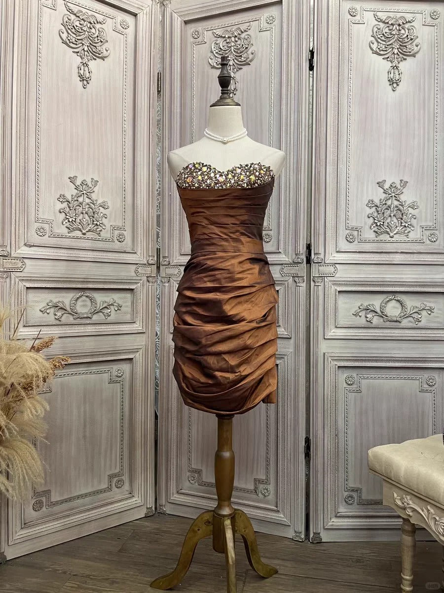 ✨Girlhomeshops-Brown rhinestone short satin homecoming dress prom party dress gh4985