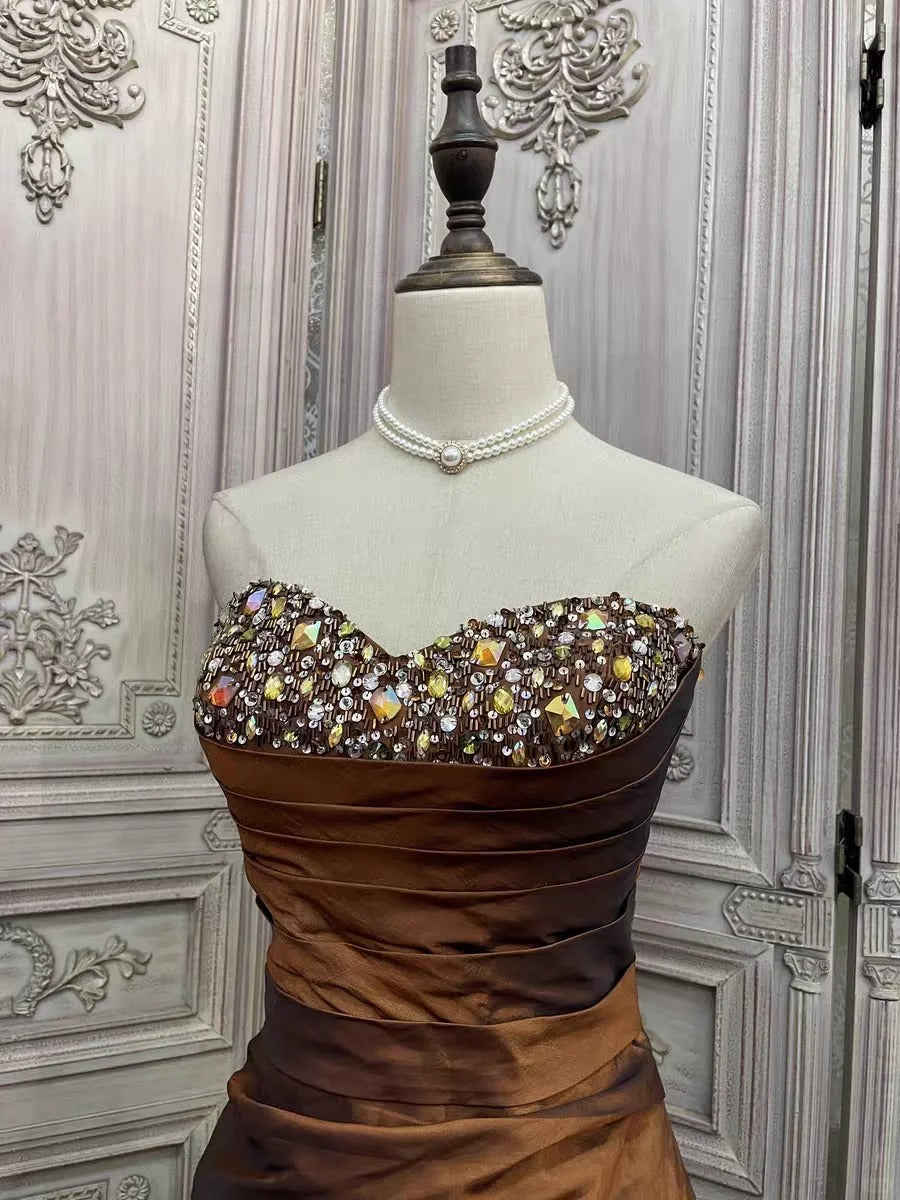 ✨Girlhomeshops-Brown rhinestone short satin homecoming dress prom party dress gh4985