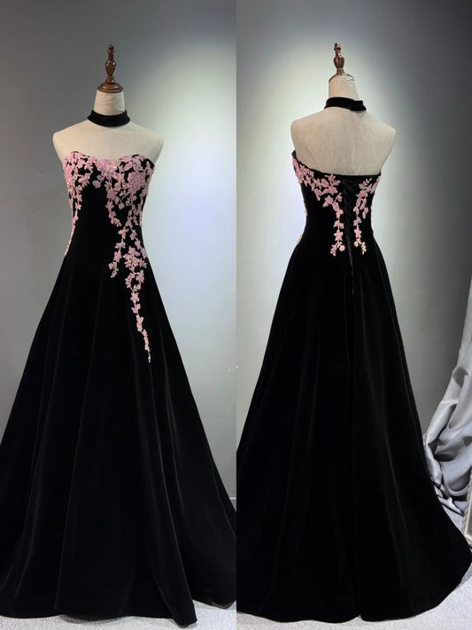 Girlhomeshops -Black velvet floral long ball gown evening gown graduation dress gh5111