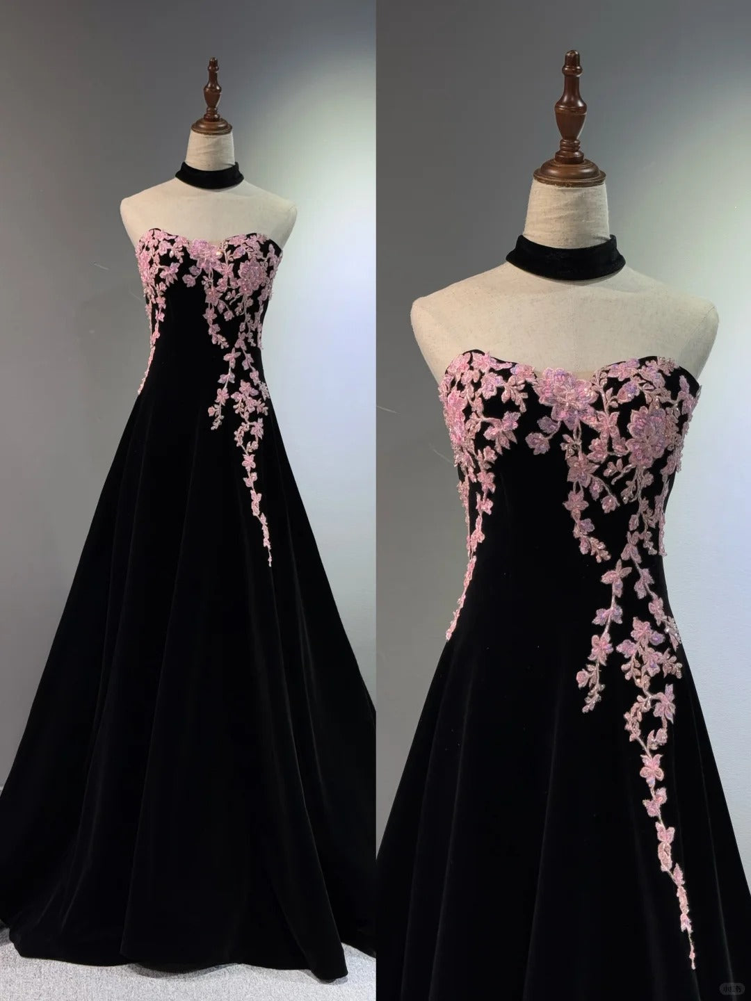 Girlhomeshops -Black velvet floral long ball gown evening gown graduation dress gh5111
