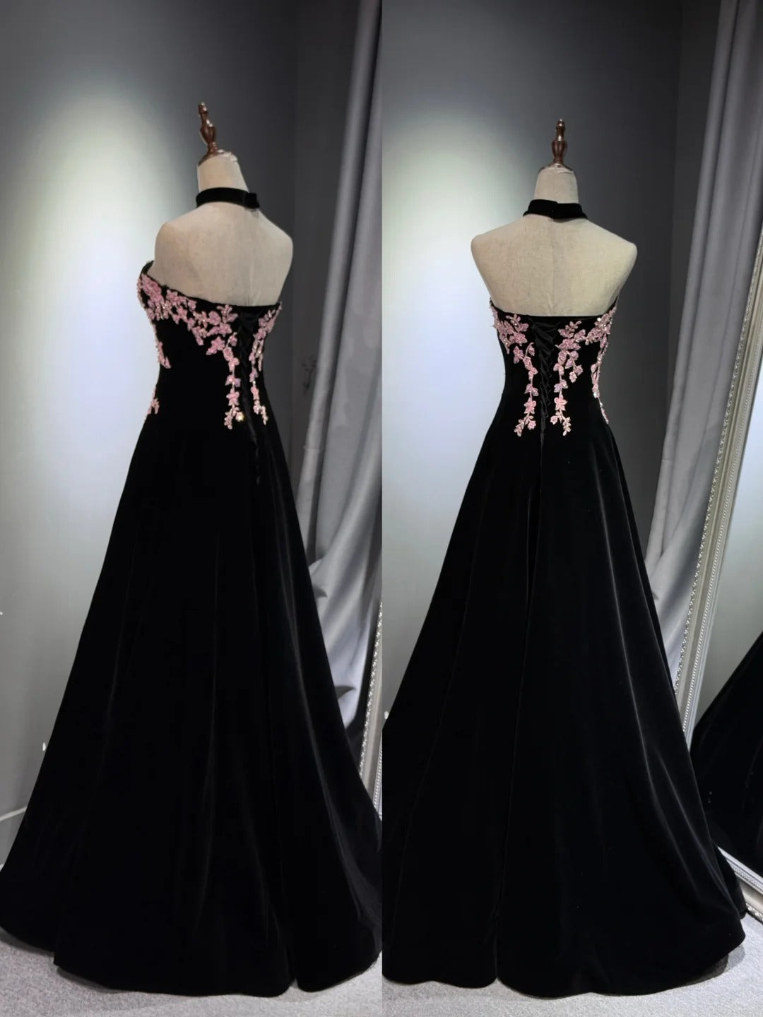 Girlhomeshops -Black velvet floral long ball gown evening gown graduation dress gh5111