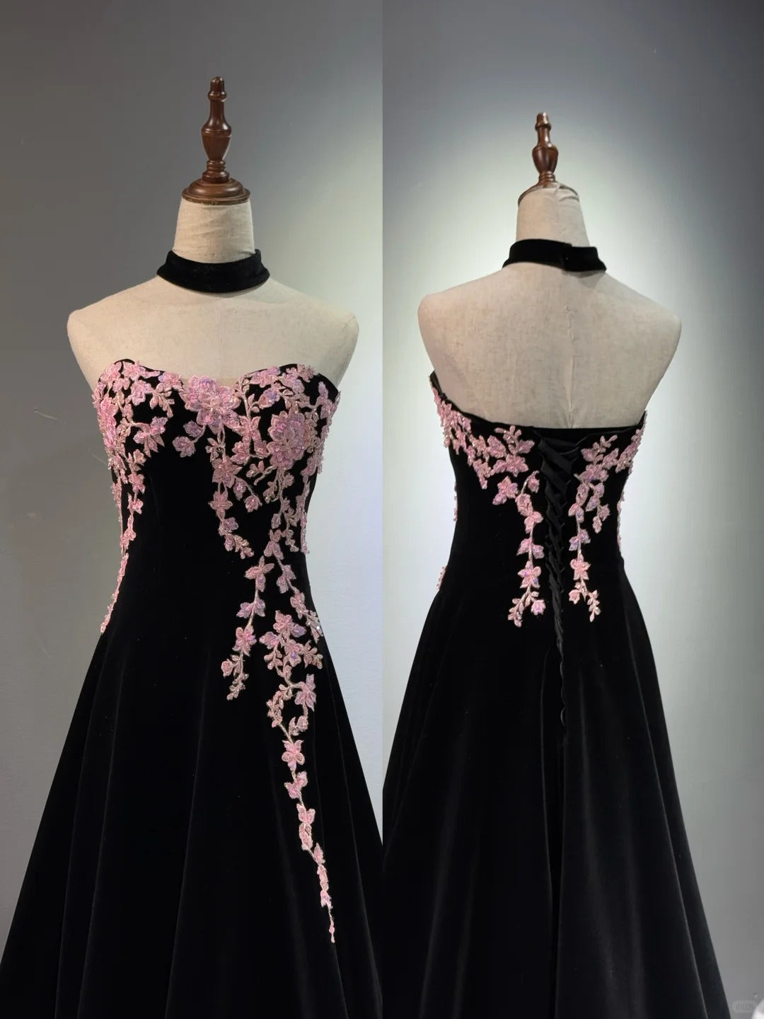 Girlhomeshops -Black velvet floral long ball gown evening gown graduation dress gh5111