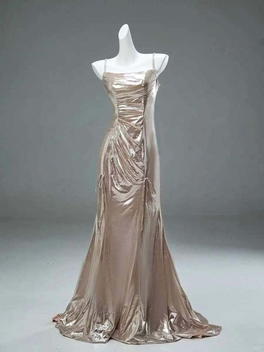 Champagne Metallic Long Satin Ball Gown Evening Dress Party Dress gh4369