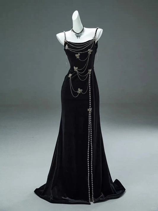 Robe de soirée longue en velours noir, élégante, ornée de perles, gh4371