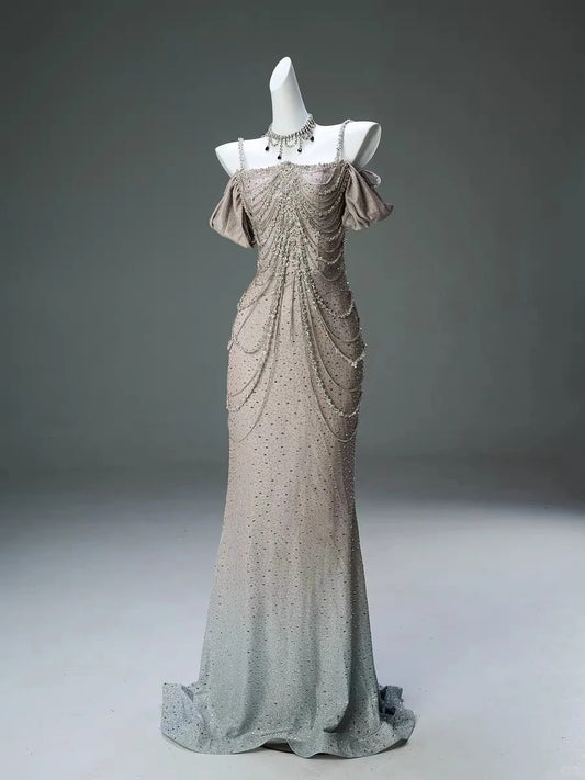 Robe de soirée longue en satin, élégante, dégradé de couleurs, champagne, brillante, perles, gh4372
