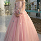 Pink delicate floral applique fairy long sleeves long tulle ball gown evening dress gh2279