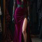 Girlhomeshops-Burgundy lace sweetheart neckline slit sexy long velvet prom dress gh5431