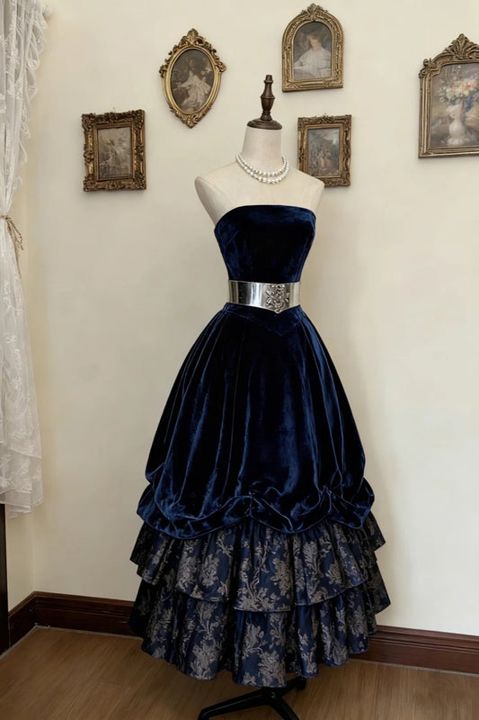 girlhomeshops-Marineblaues langes Vintage-Ballkleid aus Samt mit Blumenmuster, gh5935