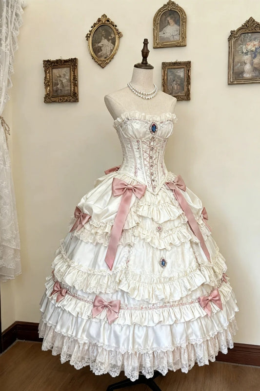 girlhomeshops-Langes Tüll-Spitzen-Retro-Klassik-Creme-Aprikose und Rosa verwobenes Traumkleid Palace Lolita-Kleid Blumen-Ballkleid gh5937