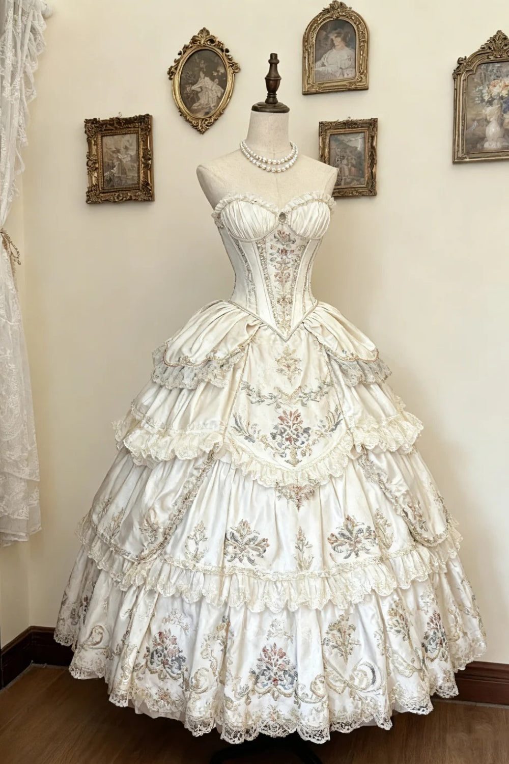 girlhomeshops-Langes Tüll-Spitzenkleid im Retro-Stil mit klassischem Ölgemälde-Stil, Palast-Lolita-Kleid mit Blumenmuster, Ballkleid gh5936