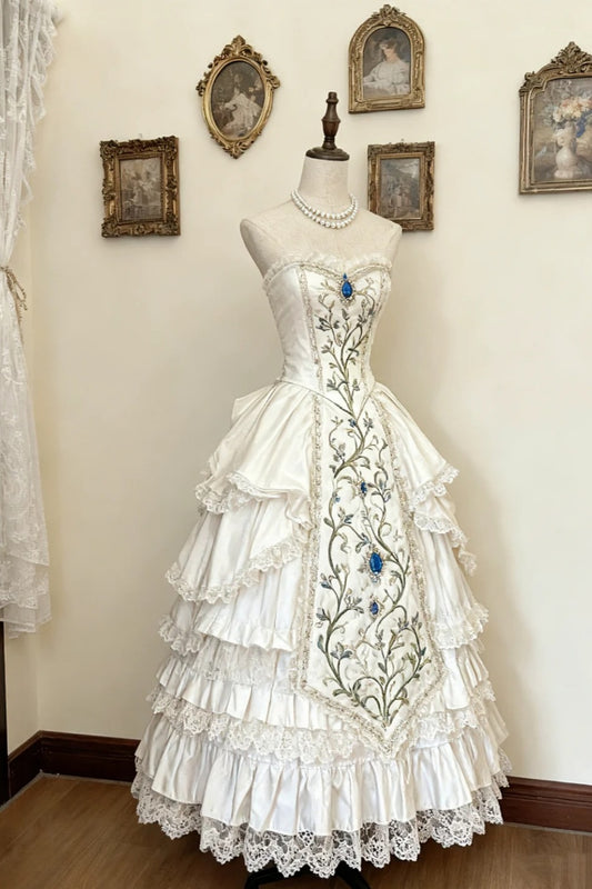 girlhomeshops-Elfenbeinweiß, elegantes, märchenhaftes, langes Satin-Spitzenkleid im Retro-Stil, klassischer Traumpalast, Lolita-Kleid mit Blumenmuster, Ballkleid gh5939