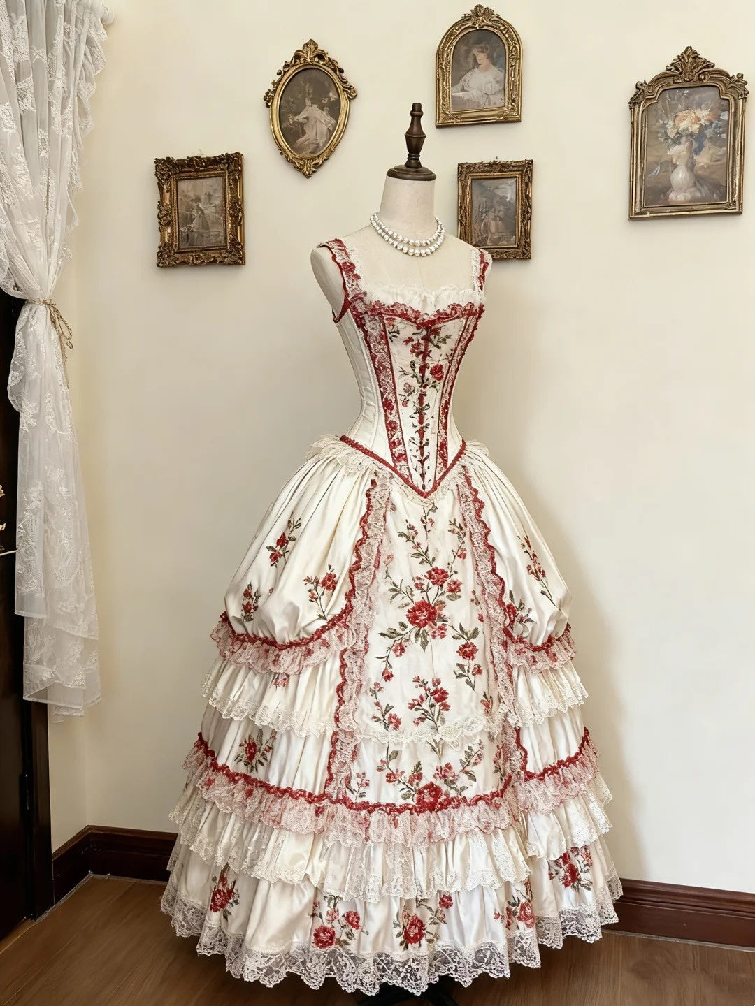 Red and White Rose Rococo Palace Dress gh6782