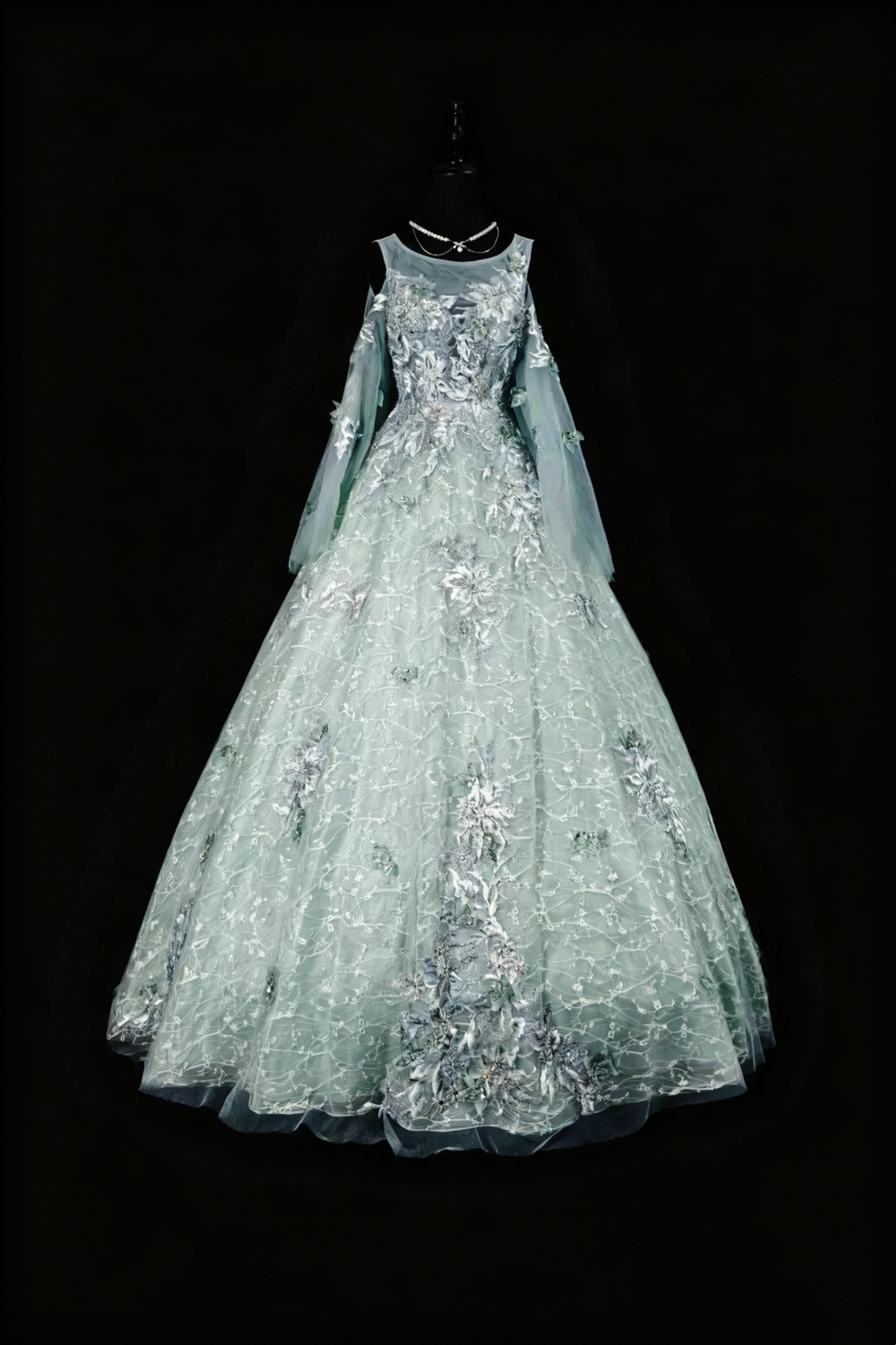 girlhomeshops-Green Appliqué Delicate Long Tulle Formal Ball Gown gh6287