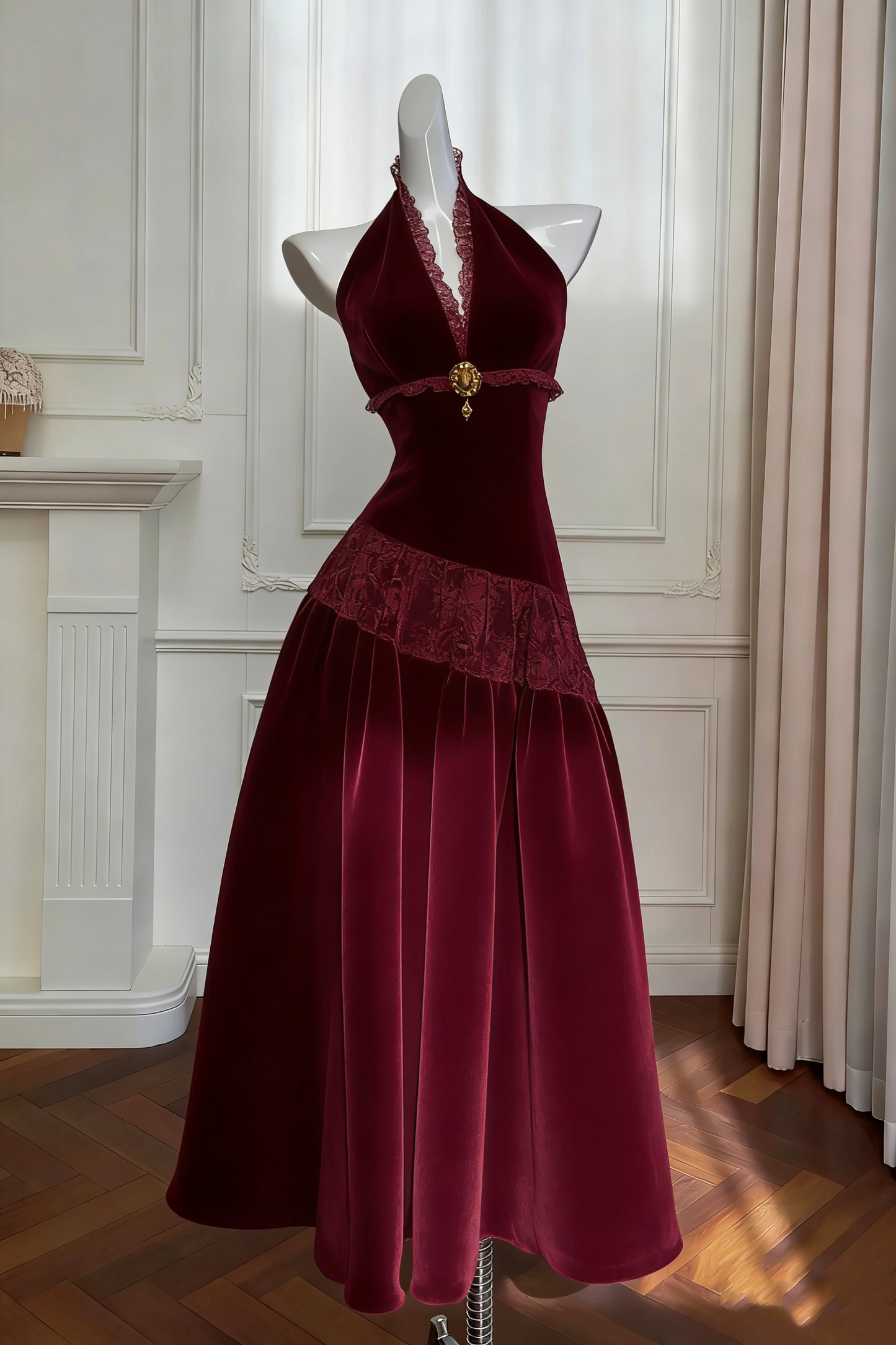 girlhomeshops-Vintage Lace Jacquard Halter Evening Dress, Long Sleeveless Elegant Party Gown gh5902