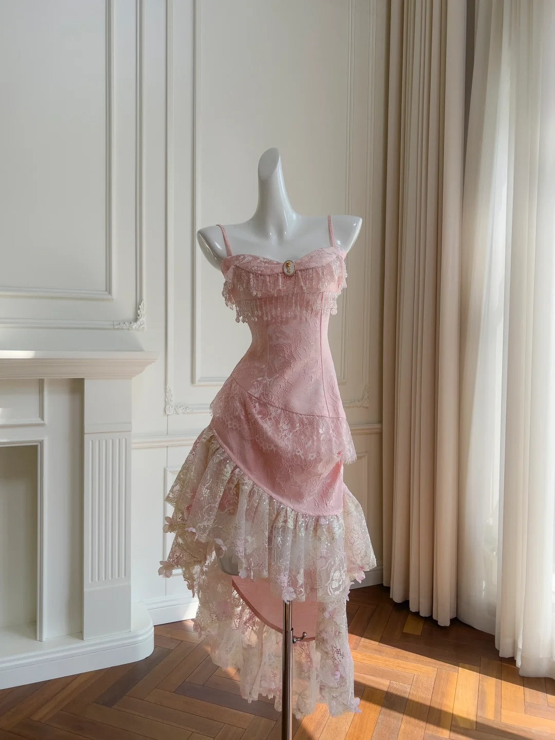 Pink Lace Vintage Flowy long/Short Homecoming Dress Chiffon Ball Gown Birthday Party Dress gh4406