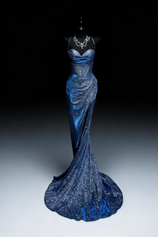 Galaxy Iridescent Style Blue Shimmer Halter Mermaid Gown - Starlight Theme Dinner & Red Carpet Dress gh6570