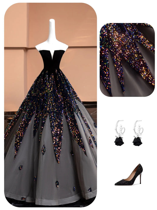 Black Shining Elegant Fashion Long Tulle Sequined Prom Dress Evening Dress Party Dress gh4876