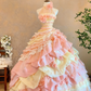 girlhomeshops-Pink-Yellow Gradient Satin Halter-Neck 3D Flower-Embellished Floor-Length Court-Style Gown gh6372