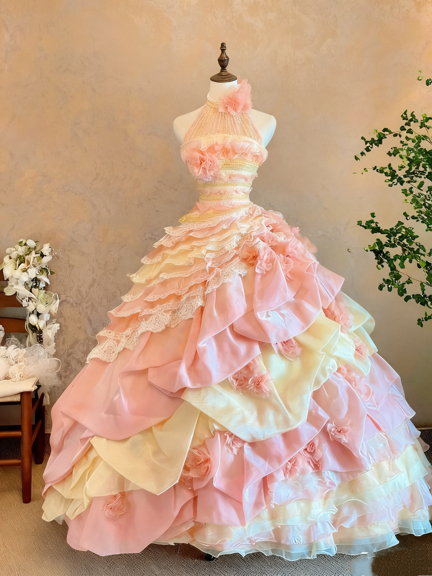 girlhomeshops-Pink-Yellow Gradient Satin Halter-Neck 3D Flower-Embellished Floor-Length Court-Style Gown gh6372