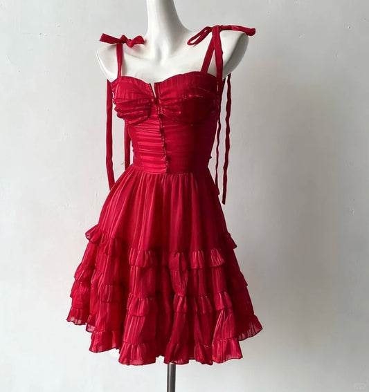 girlhomeshops--Red Spaghetti Strap Short Chiffon Homecoming Dress gh5686