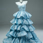 Robe de soirée élégante et brillante, bleu, longue, en satin, avec perles délicates, longueur au sol, à volants, robe de bal, robe de remise de diplôme, robe de Quinceañera, gh3841