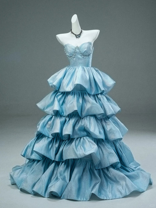 Robe de soirée élégante et brillante, bleu, longue, en satin, avec perles délicates, longueur au sol, à volants, robe de bal, robe de remise de diplôme, robe de Quinceañera, gh3841