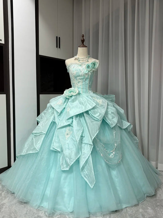 Robe de soirée longue en satin et tulle, vert menthe, magnifique, ornée de perles, gh4827