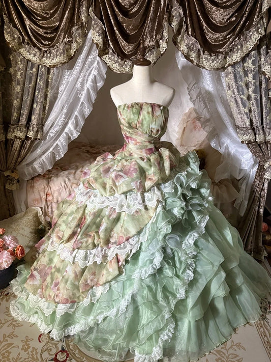 girlhomeshops-Waldmärchen-Stil: Aquarell-Blumen-Tüll und Spitze – Trägerlose Schleppe mit Bahnenmuster – Abendkleid gh5896