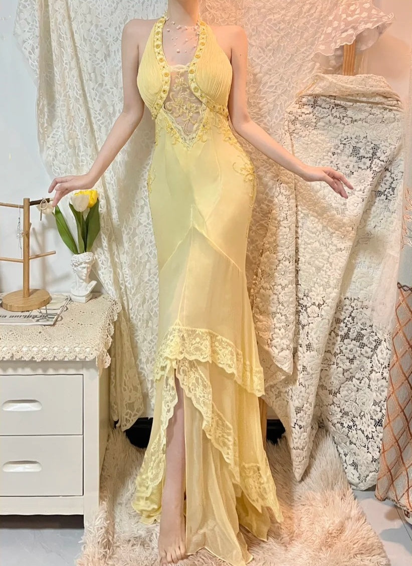 Robe de soirée longue en mousseline de soie, élégante et perlée, jaune, gh4467