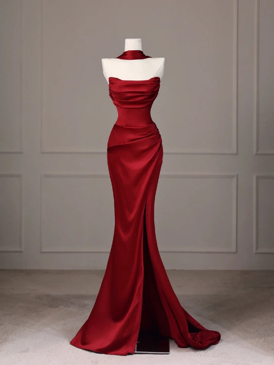 Burgundy fishtail backless long floor-length satin ball gown evening dress gh4546