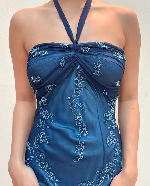 Dark Blue Fairy Mermaid Beaded Long Chiffon Formal Prom Evening Dress Wedding Guest Party Gown Dress Greek Halter Neck gh3617b