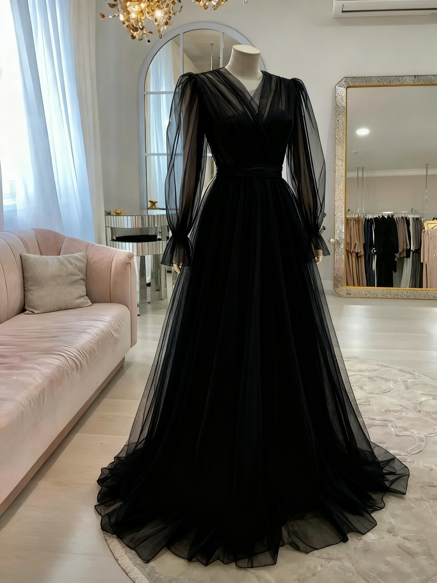 High Quality Pink Simple Elegant Long Sleeve Tulle Long Evening Dress, Ball Gown, Wedding Dress, Wedding Guest Dress,Gala Dress Gh2215