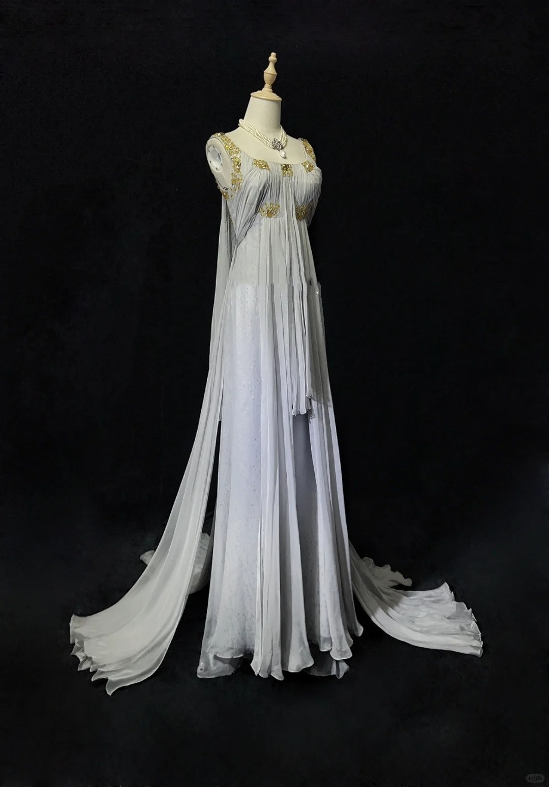 White Vintage Ancient Greek Goddess Gorgeous Sparkling Elegant Exquisite Gold Rhinestone Beads Tulle Long Mermaid Floor Length Trail Slim Fairy Ball Gown Evening Gown Party Dress Prom Gown gh3852