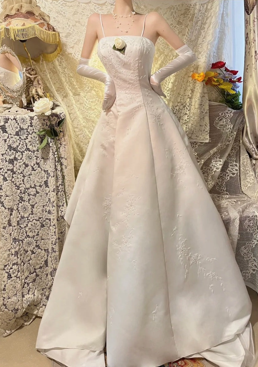 Robe de bal longue en satin blanc avec perles exquises, robe de soirée, robe de mariée gh4511
