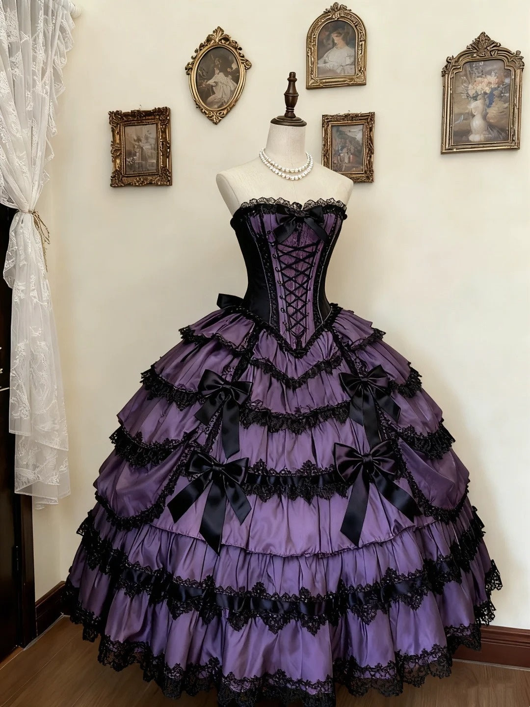 girlhomeshops-Gothic Lolita Style Purple - Black Satin & Lace Bow Floor - Length Ball Dress gh5877