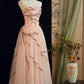 girlhomeshops- Vintage Peach Pink Plum Blossom 3D Embroidered Strapless Tulle Chinese Style Evening Gown gh6034
