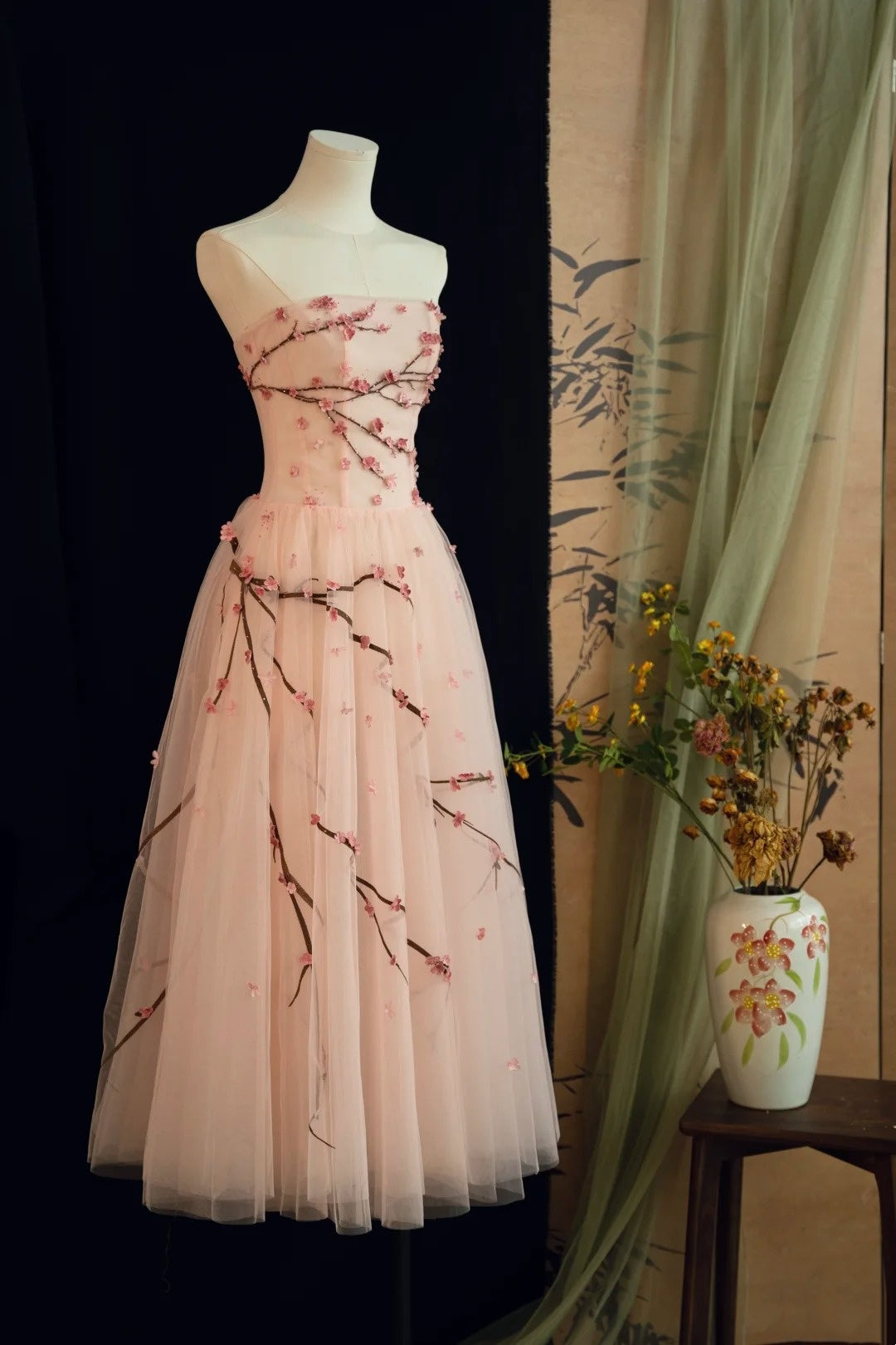 girlhomeshops- Vintage Peach Pink Plum Blossom 3D Embroidered Strapless Tulle Chinese Style Evening Gown gh6034